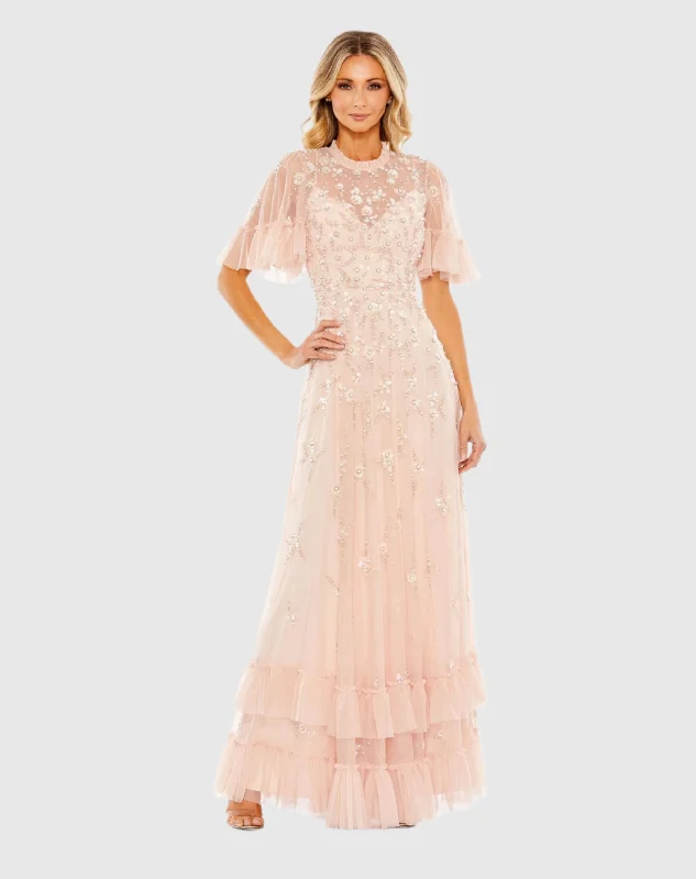 Blush Ruffled Floral Embellished Flutter Sleeve A-Line Gown