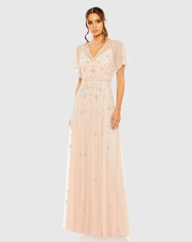 Light Pink V Neck Embellished Flutter Sleeve A Line Gown