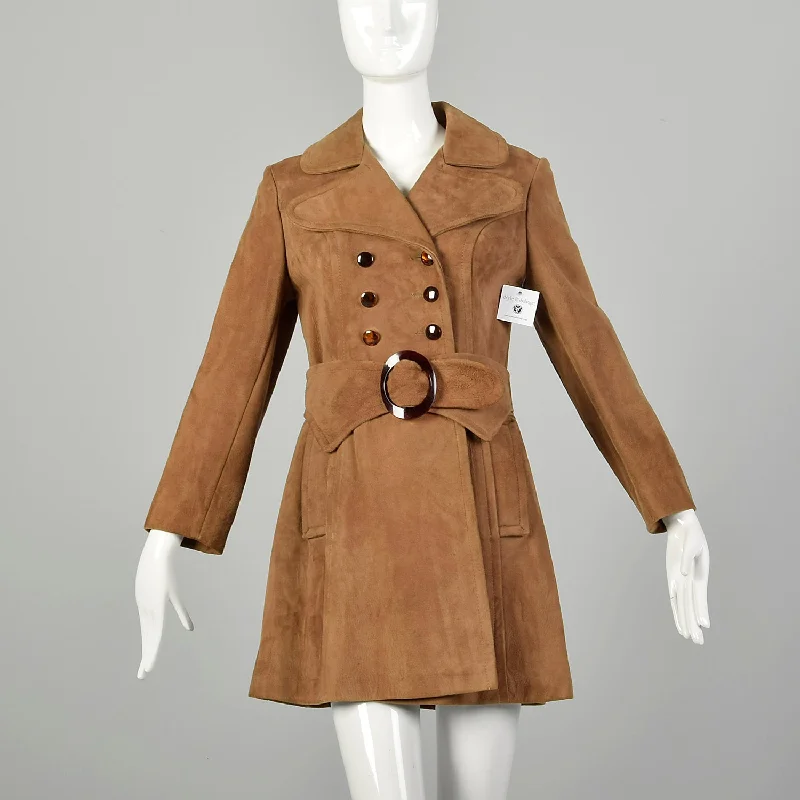 Small 1960s Mod Trench Coat Suede Leather Double Breasted Jacket