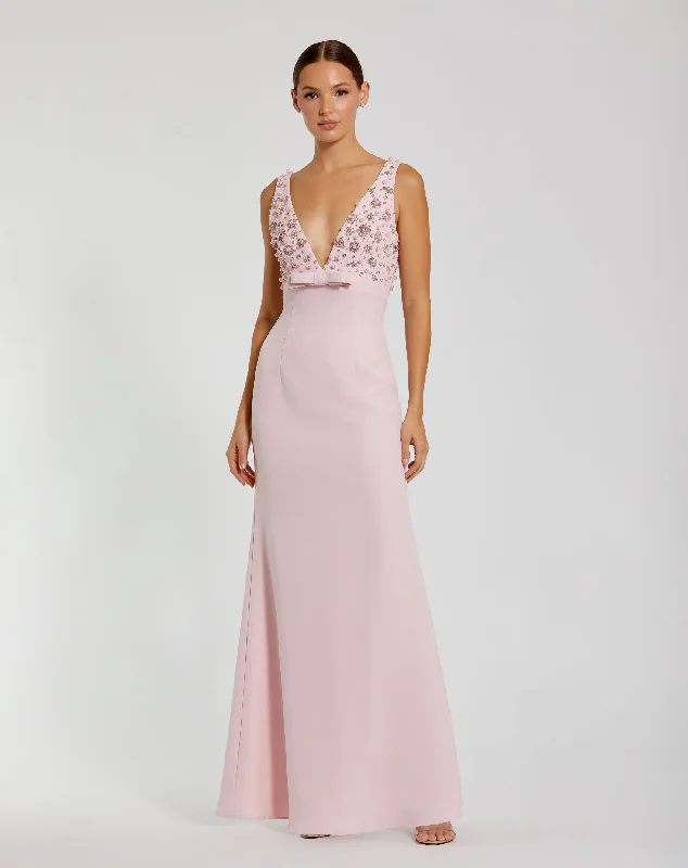 Pink Crepe Sleeveless Beaded V Neck Gown With Bow