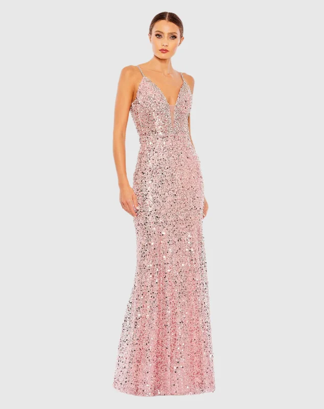 Pink Embellished Plunge Neck Sleeveless Trumpet Gown