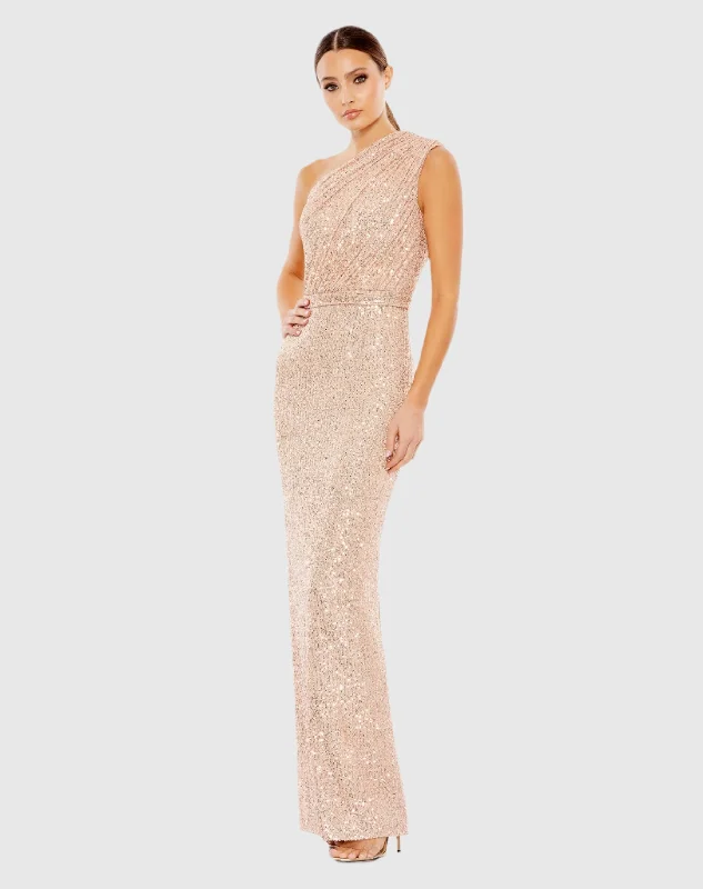 Pink Sequined Ruched One Shoulder Gown