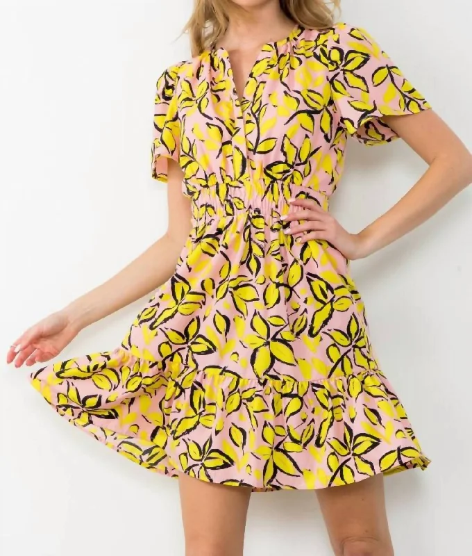 Leah Smocked Print Dress In Pink/yellow