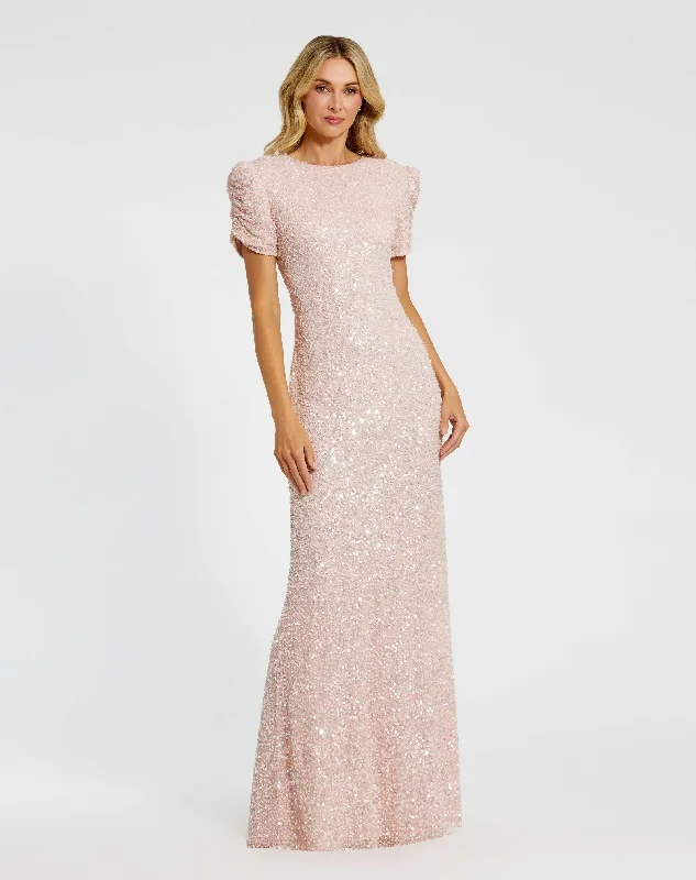 Pink Gathered Short Sleeve Beaded Gown