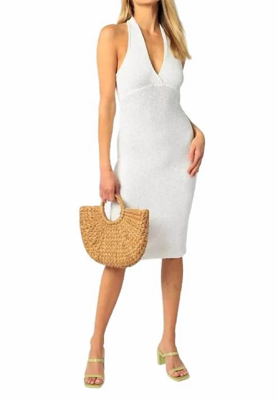 V Neck Halter Midi Dress In White