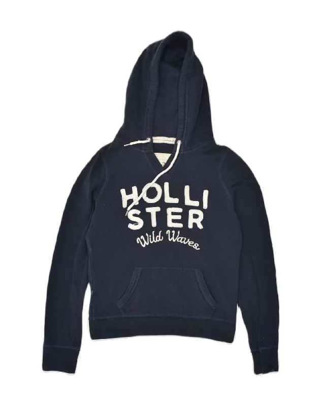 HOLLISTER Womens Graphic Hoodie Jumper UK 14 Medium Navy Blue Cotton