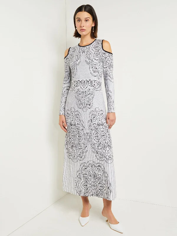 Maxi A-Line Dress - Cold Shoulder Jacquard Soft Knit