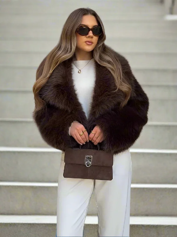 Brown and burgundy Lapel Faux Fur Short Coat Women Fluffy Long Sleeve Warm Thick Loose Jacket