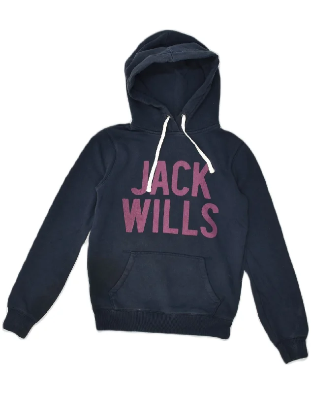 JACK WILLS Womens Graphic Hoodie Jumper UK 6 XS Navy Blue Cotton