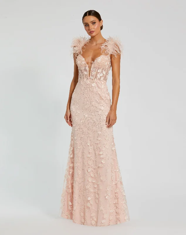 Pink Sheer Applique Bustier Gown with Feather Straps