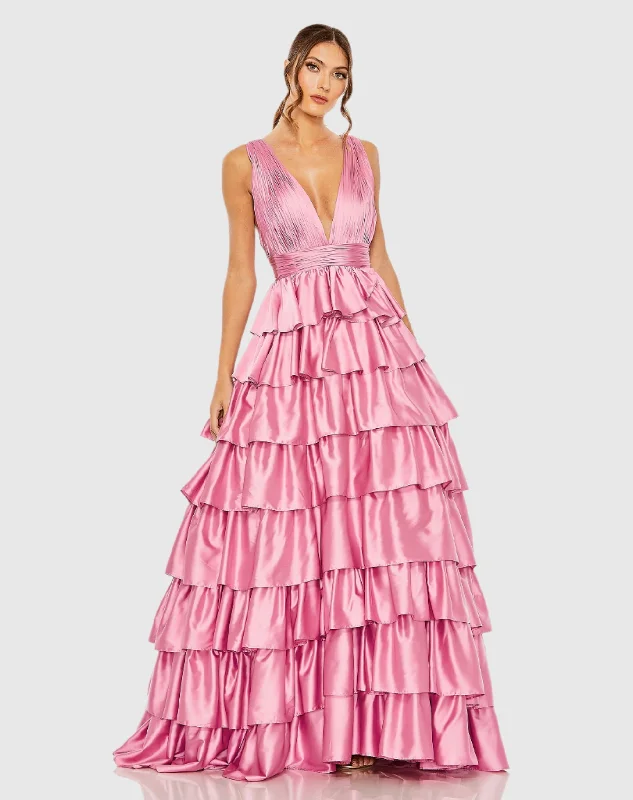 Pink Ruffle Tiered Pleated Sleeveless V Neck Gown