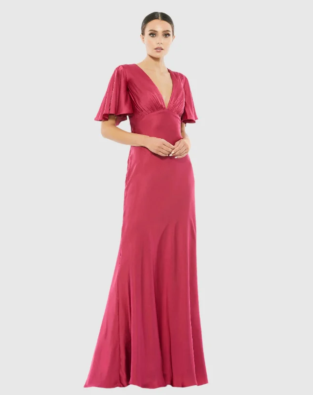 Pink Flounce Sleeve V-Neck Trumpet Gown