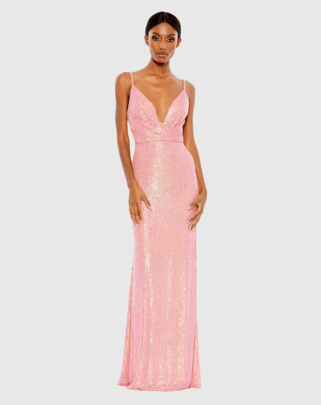 Pink Sequined Draped V Neck Gown