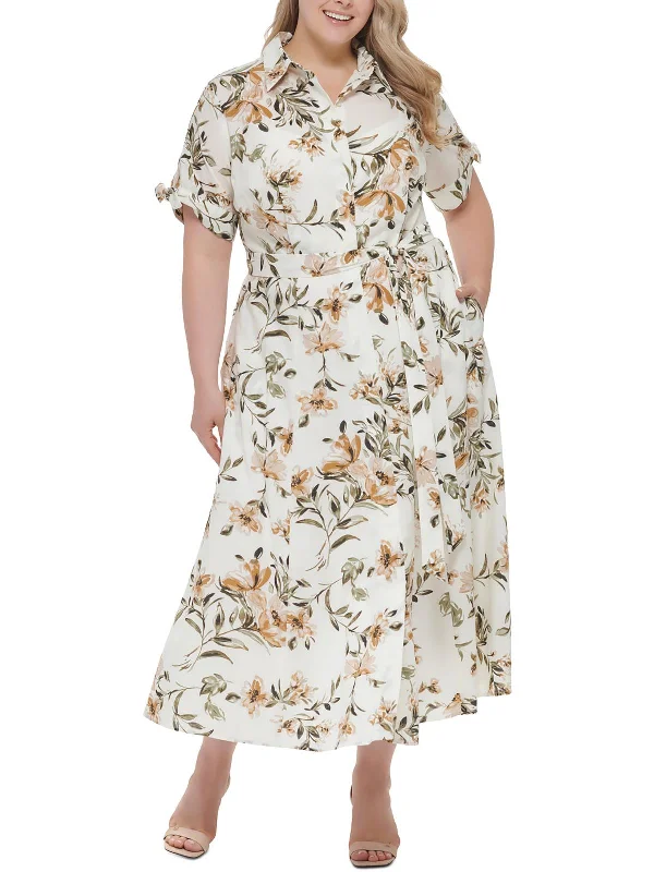 Plus Womens Floral Print Cotton Shirtdress