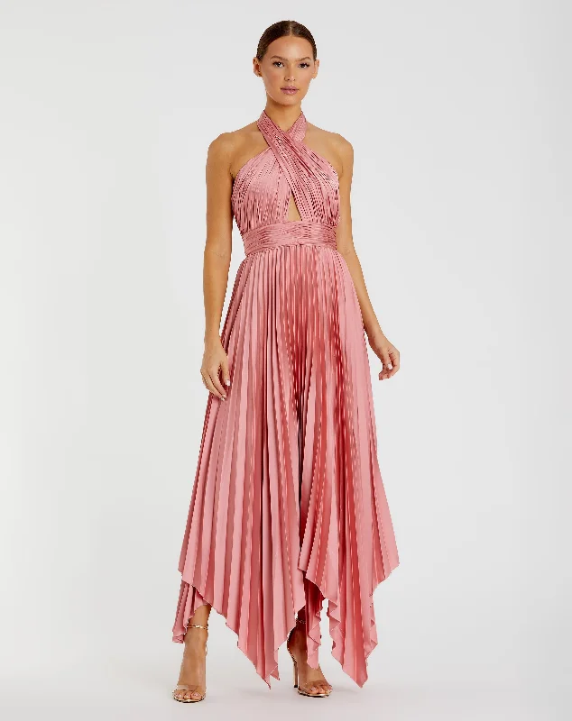 Pleated Halter Neck Asymmetrical Hem Gown - FINAL SALE