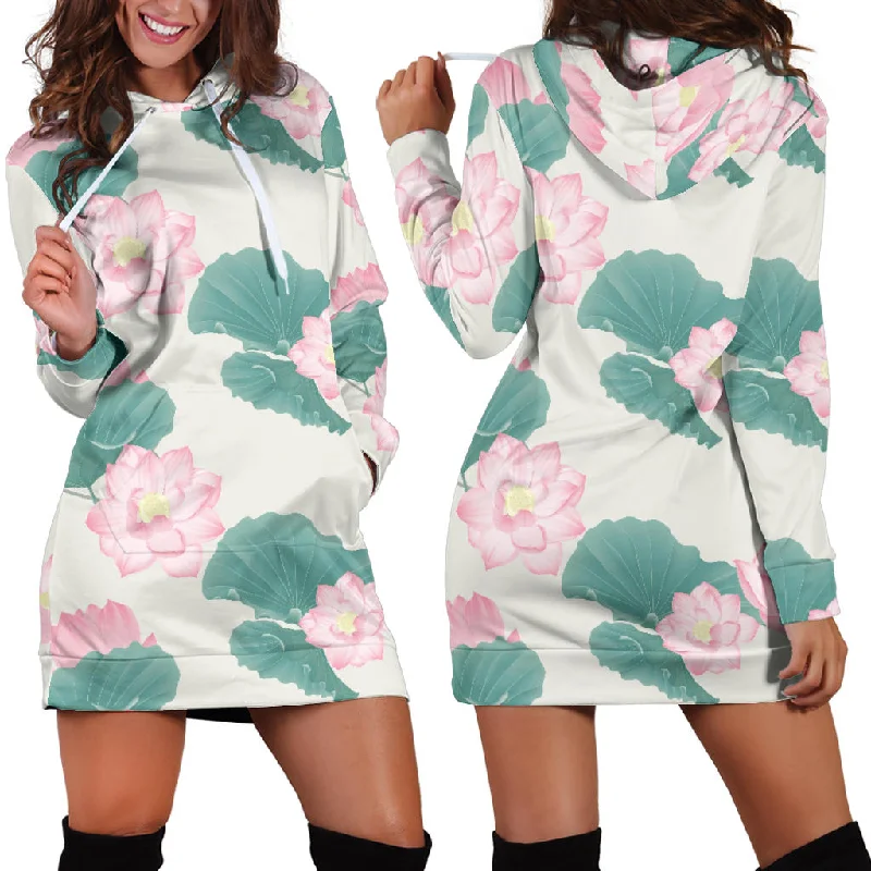 Pink Lotus Waterlily Leaves Pattern Women'S Hoodie Dress