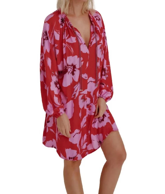 Printed Long Sleeve Tunic In Satin Pink Floral