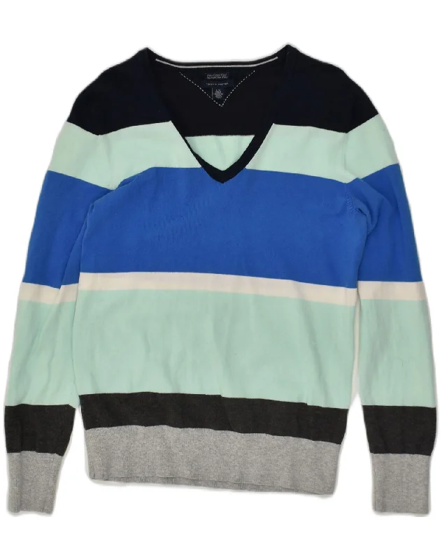 TOMMY HILFIGER Womens V-Neck Jumper Sweater UK 14 Large Blue Striped