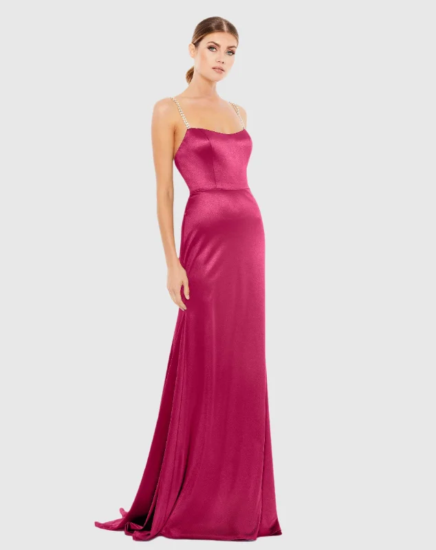 Pink Charmeuse Rhinestone Strap Trumpet Gown