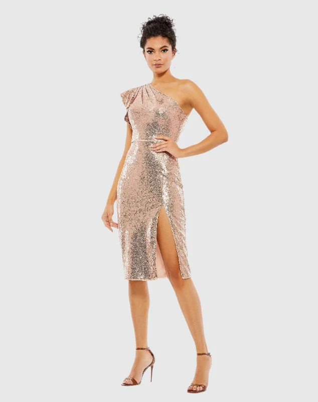 Sequined Flutter One Shoulder Fitted Midi Dress