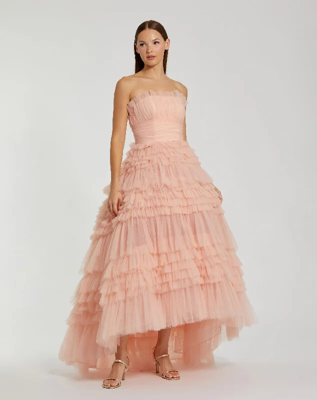 Pink Strapless Tulle Ruffle Gown