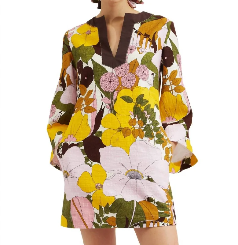 Mini Kaftan Dress In Big Flower Rose