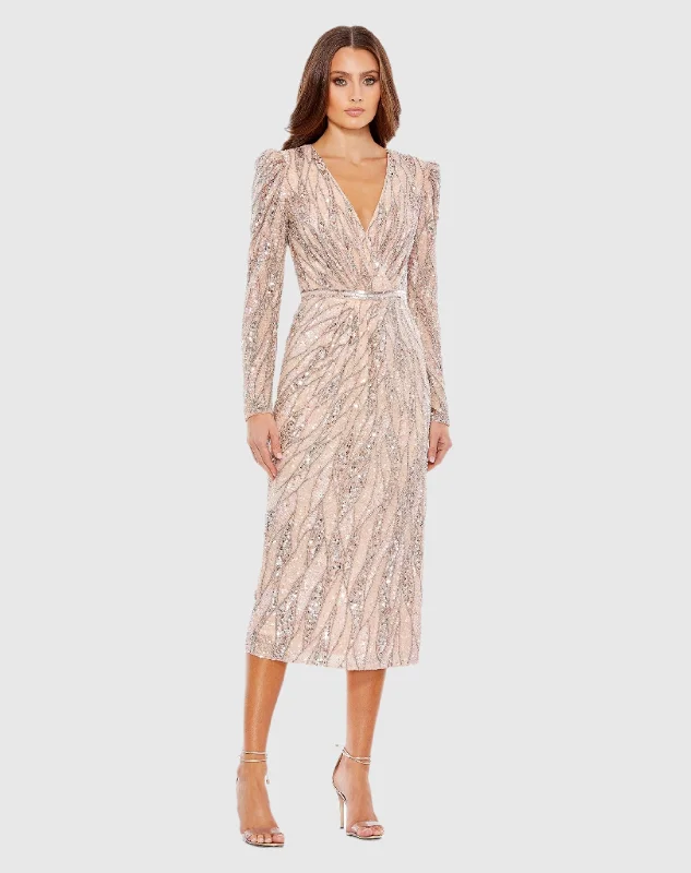 Long Sleeve V Neck Beaded Cocktail Dress - FINAL SALE