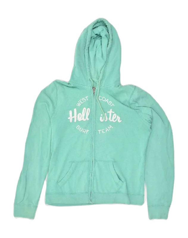 HOLLISTER Womens Graphic Zip Hoodie Sweater UK 14 Large Turquoise Cotton