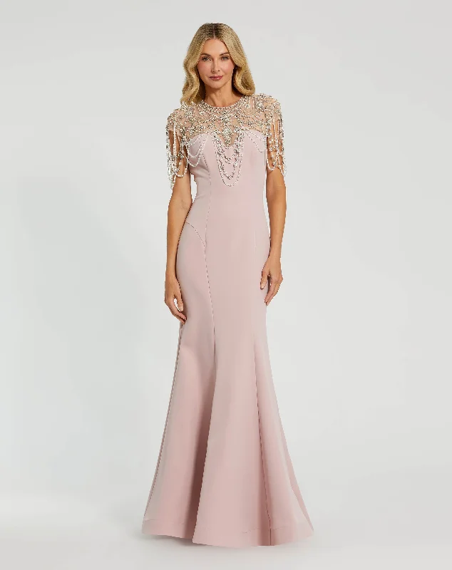 Pink Draped Pearl Beaded Mermaid Gown