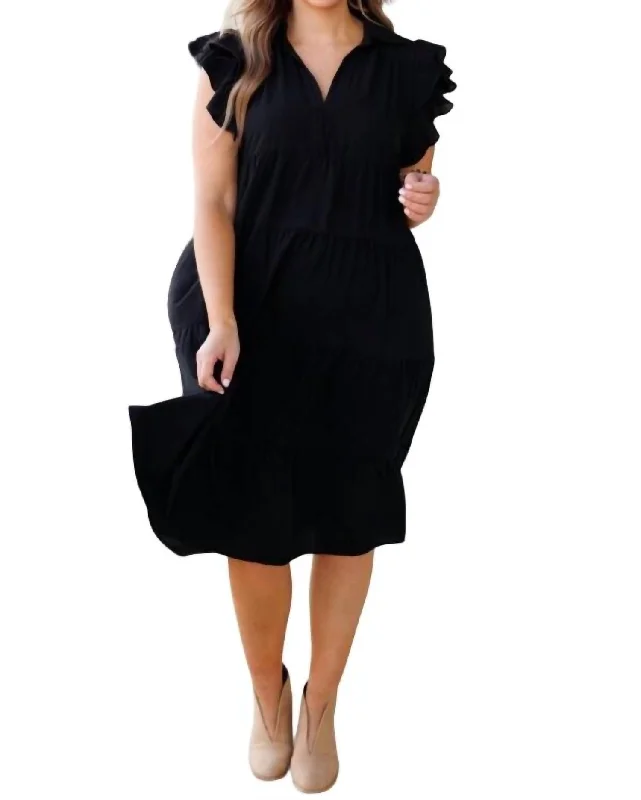 Tiered Dress With Flutter Sleeves In Black