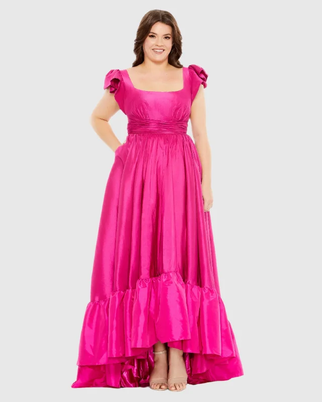 Flutter Sleeve A Line High Low Ruffle Hem Gown (Plus)