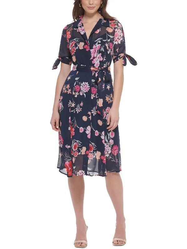 Petites Womens Floral Print Chiffon Midi Dress