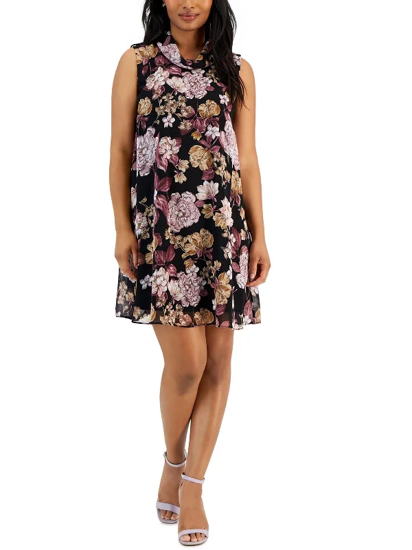 Petites Womens Above Knee Floral Print Sheath Dress