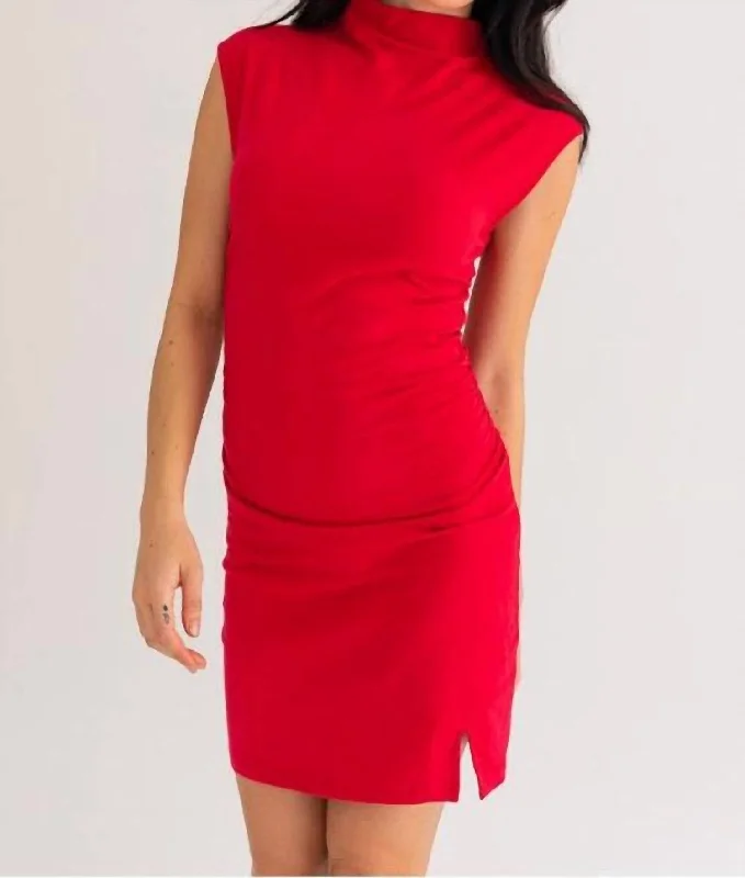 High Neck Shirring Dress In Red