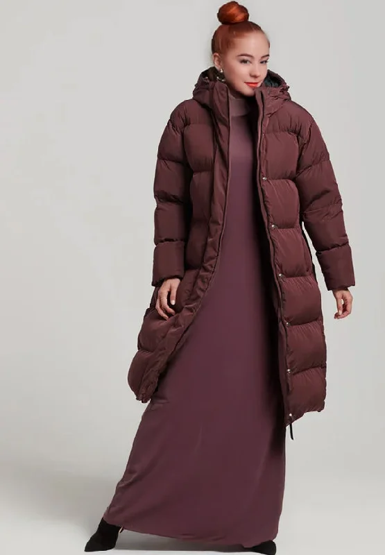 Ashore Shop Designer Burgundy Women's Winter Warm Hooded Knee Length Long Winter Coat