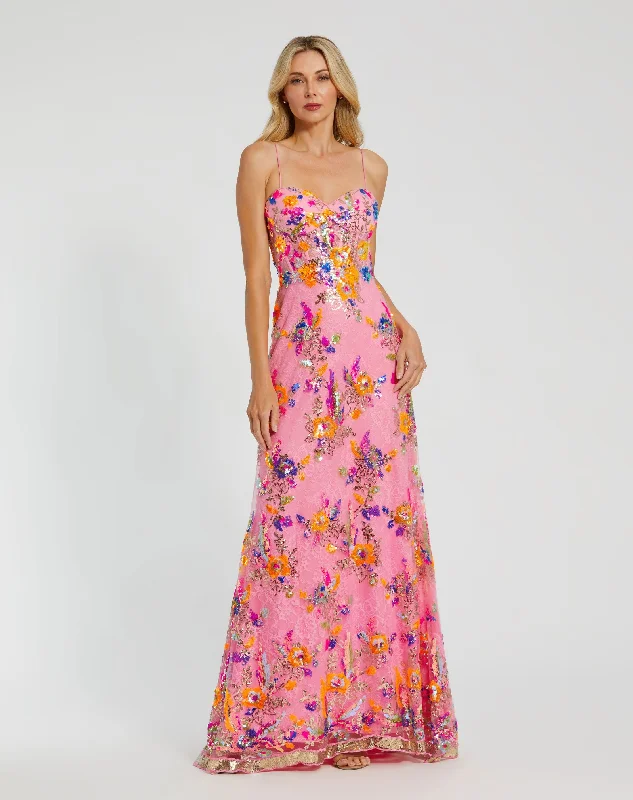 Floral Sequin Lace Gown with Sweetheart Neckline