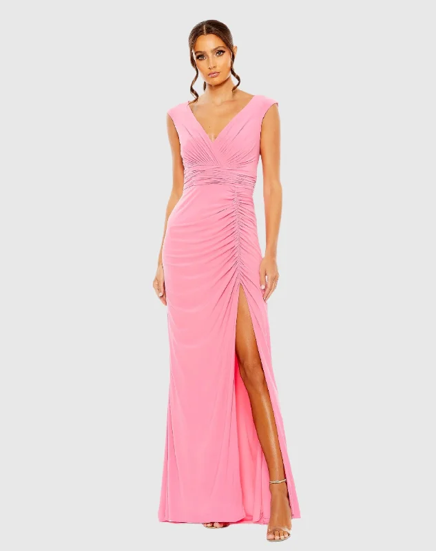 Sleeveless Side Ruched Slit Gown