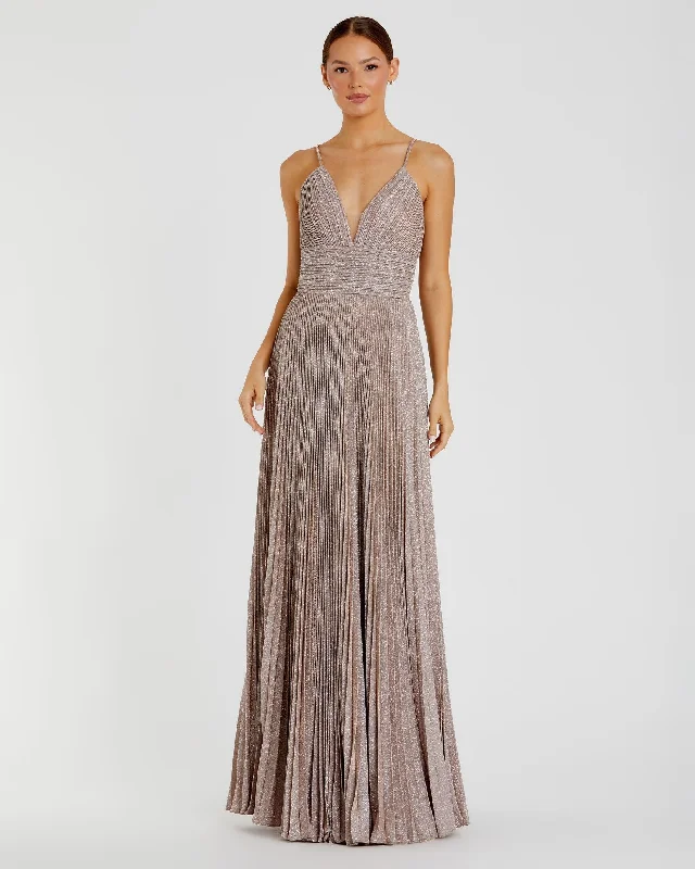 Pink Shimmer Pleated V-Neck Gown