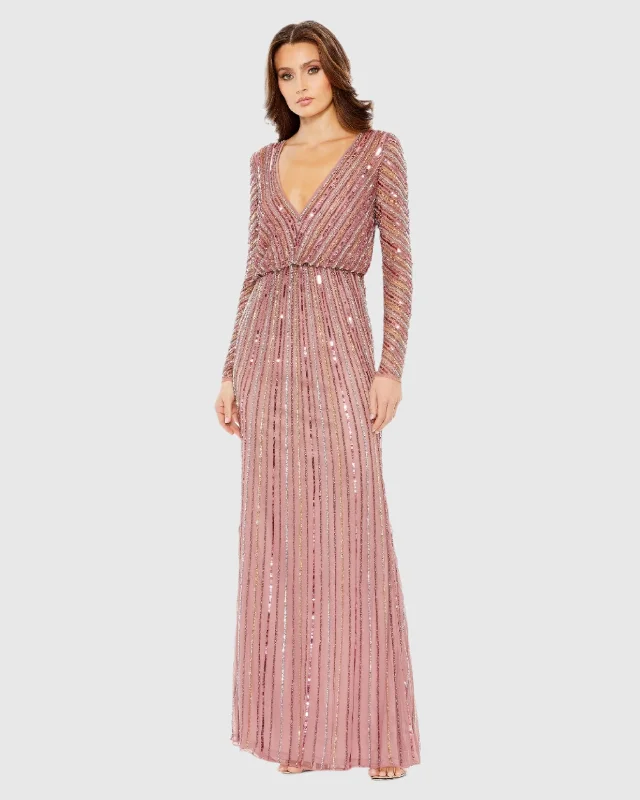 Sequined V Neck Long Sleeve Column Gown