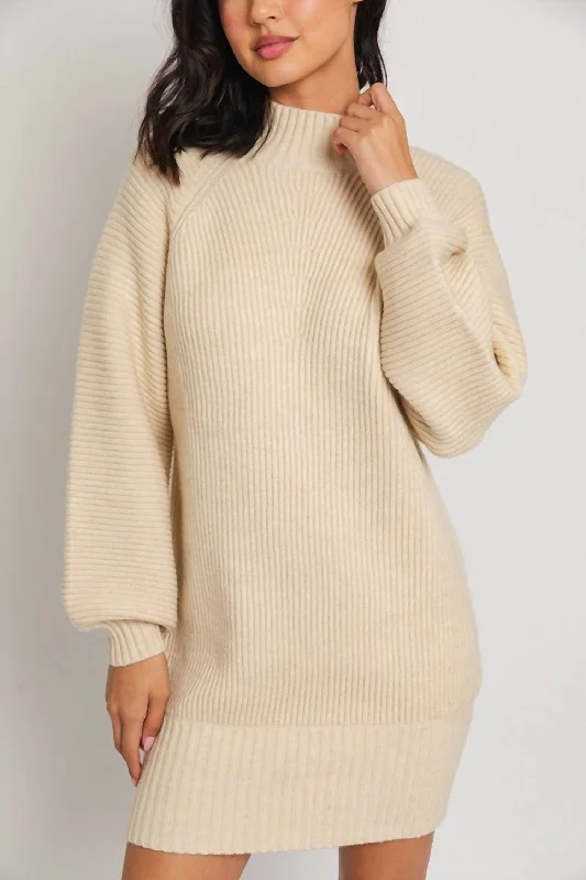 Mock Neck Cozy Sweater Dress In Oatmeal