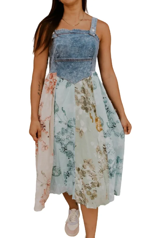 Women's Floral Denim Midi Dress In Blue Multi