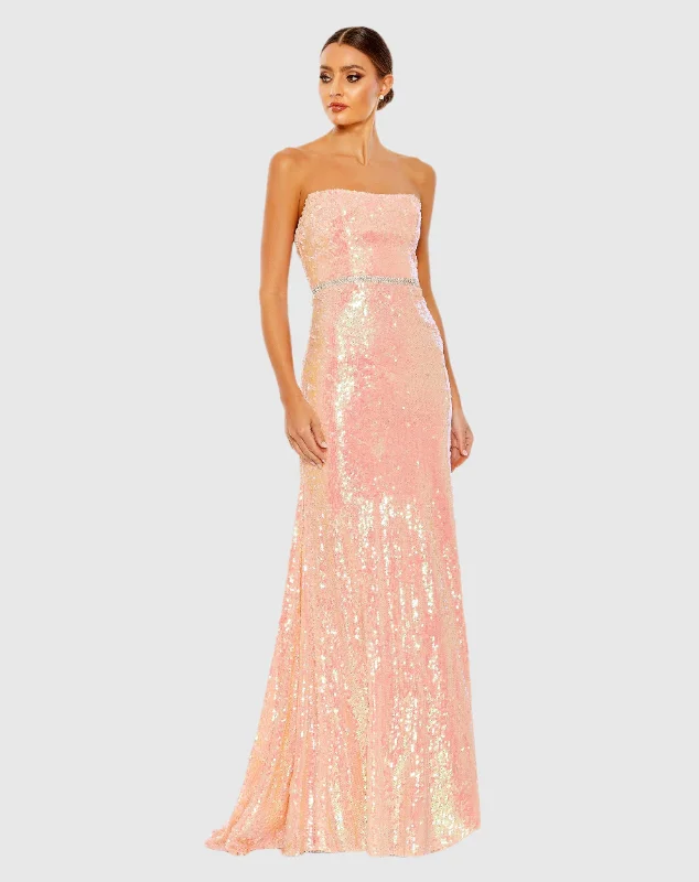 Coral Sequined Strapless Rhinestone Belt Gown