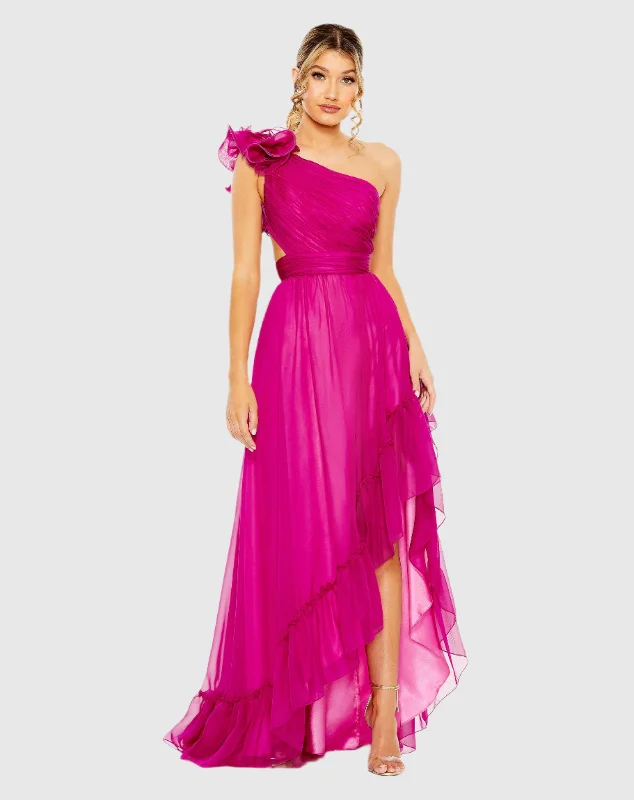 Pink Ruffled One Shoulder Asymmetrical Gown