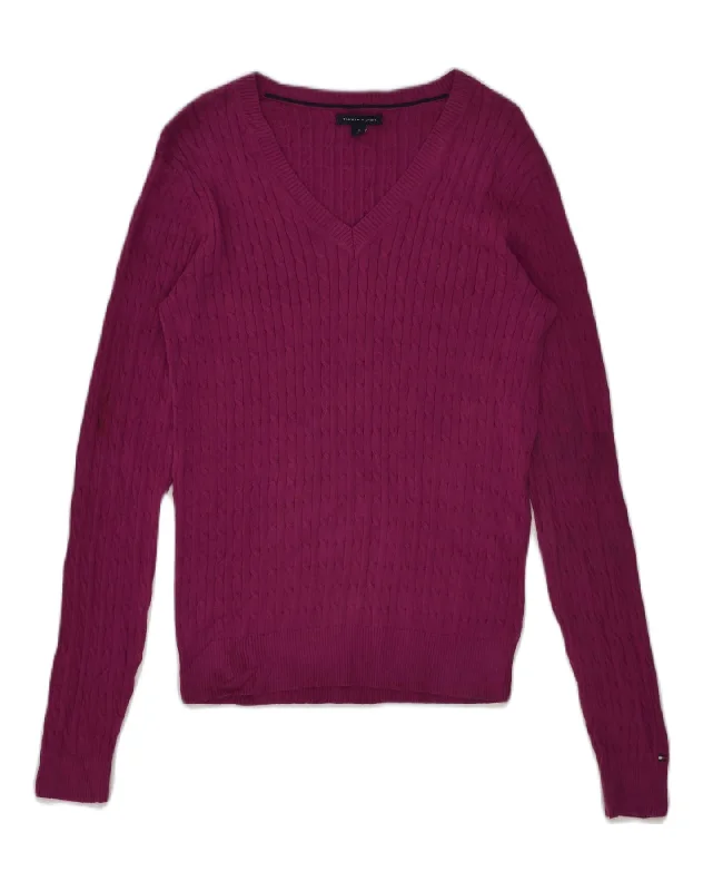 TOMMY HILFIGER Womens V-Neck Jumper Sweater UK 12 Medium Burgundy Cotton