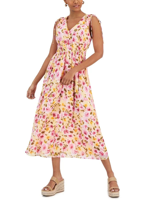 Womens Floral Print Polyester Midi Dress