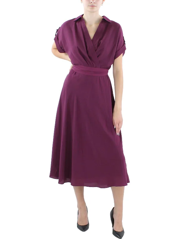 Womens Collar Polyester Midi Dress