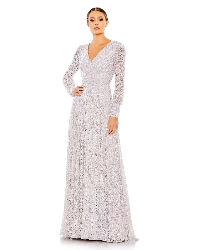 Beaded Lace Long Sleeve Wrap Over Gown