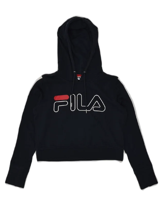 FILA Womens Crop Graphic Hoodie Jumper UK 6 XS Navy Blue Cotton