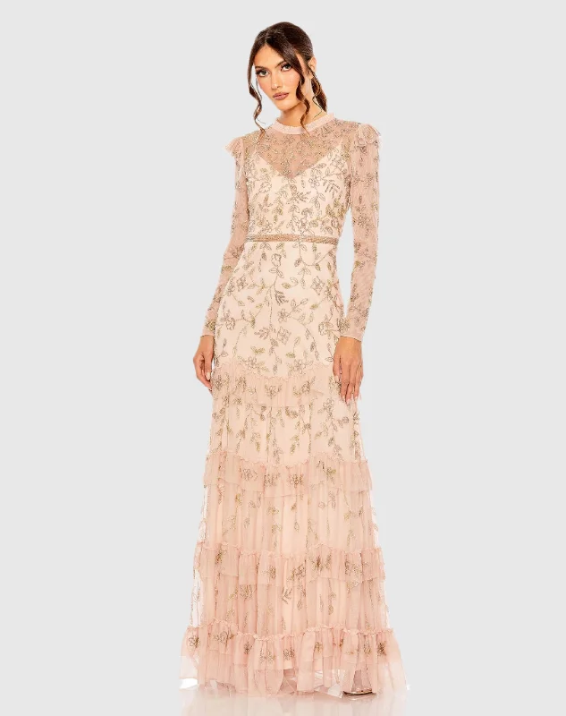 Pink High Neck Flutter Cap Long Sleeve Tiered Embellished Gown