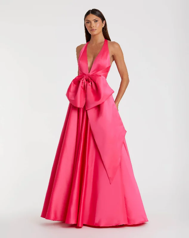 Sleeveless Deep V Satin Gown With Oversized Bow